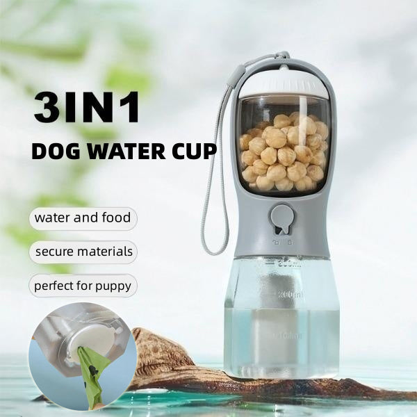Tasse à Eau pour Chien, Distributeur de Nourriture et Sacs à Déjections Canines, Tasse Multifonctionnelle Portable Trois-en-un pour Animaux de Compagnie
