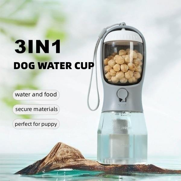 Tasse à Eau pour Chien, Distributeur de Nourriture et Sacs à Déjections Canines, Tasse Multifonctionnelle Portable Trois-en-un pour Animaux de Compagnie