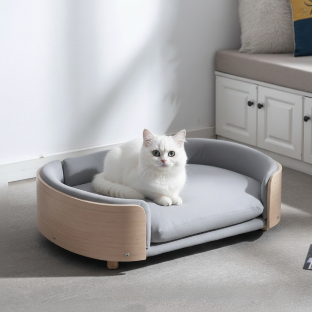 White cat in wooden pet sofa bed
